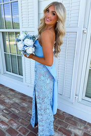 Exquisite Strapless Lace Appliques Pleats Bow Mermaid Prom Dress with Slit