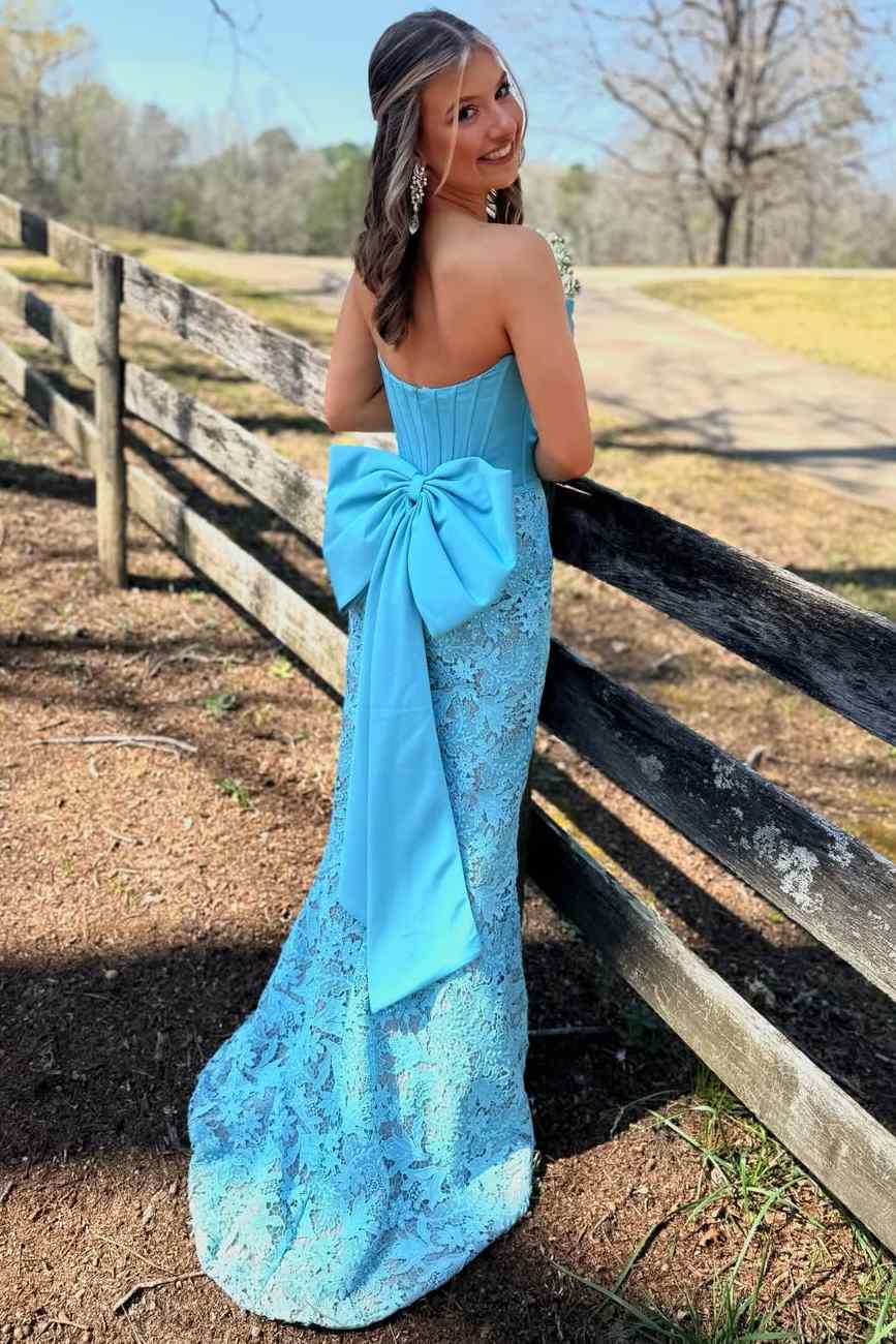 Exquisite Strapless Lace Appliques Pleats Bow Mermaid Prom Dress with Slit