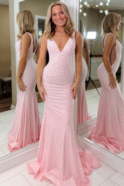 Gorgeous Pink V-Neck Straps Beaded Sleeveless Mermaid Long Prom Dress