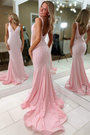 Gorgeous Pink V-Neck Straps Beaded Sleeveless Mermaid Long Prom Dress