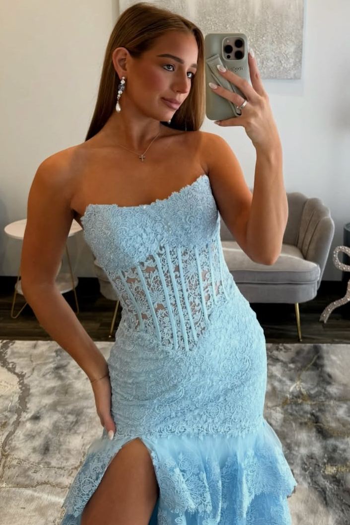 Blue Strapless Ruffles Lace Appliques High Slit Sleeveless Long Prom Dress