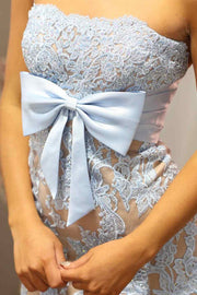 Strapless Lace Appliques Bow High Slit Sleeveless Long Prom Dress