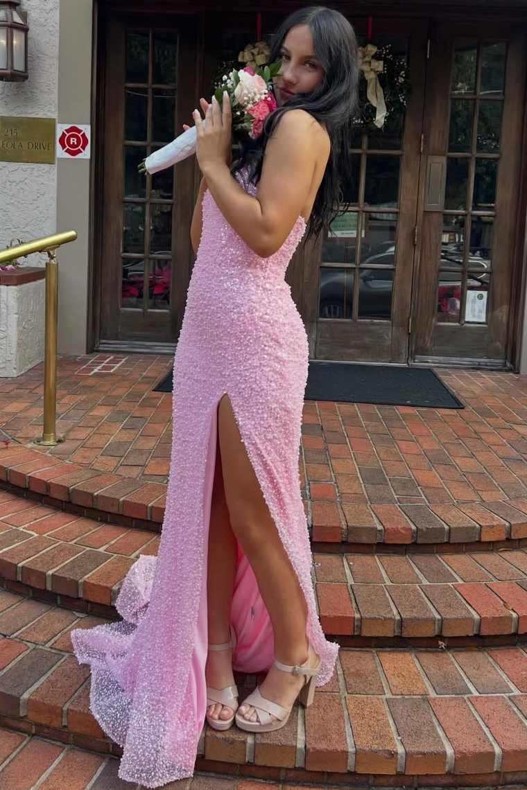 Stunning Pink Strapless Glitter Sweetheart High Slit Long Prom Dress