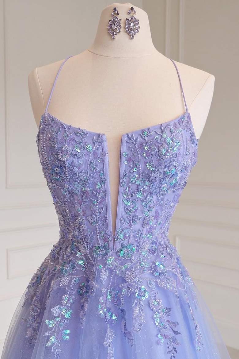 Lilac A-Line Spaghetti Straps V-Neck Sequins Appliques Tulle Prom Dress