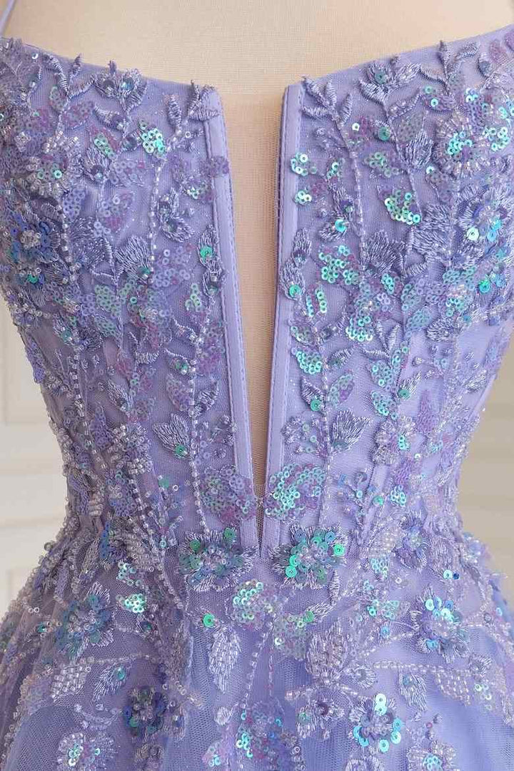 Lilac A-Line Spaghetti Straps V-Neck Sequins Appliques Tulle Prom Dress
