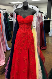 Classy Strapless V-Neck Sleeveless Lace Appliques Side Slit Long Prom Dress