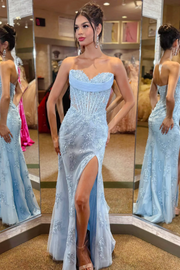 Classy Strapless V-Neck Sleeveless Lace Appliques Side Slit Long Prom Dress