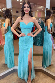Classy Strapless V-Neck Sleeveless Lace Appliques Side Slit Long Prom Dress