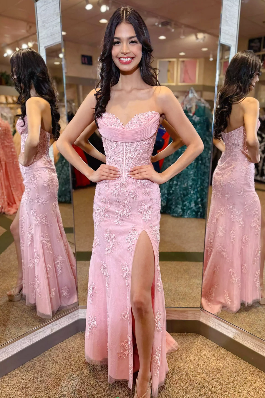 Classy Strapless V-Neck Sleeveless Lace Appliques Side Slit Long Prom Dress