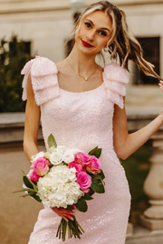 Sparkly Pink Straps with Bow Scoop Neck Mermaid Sequins Long Prom Dress