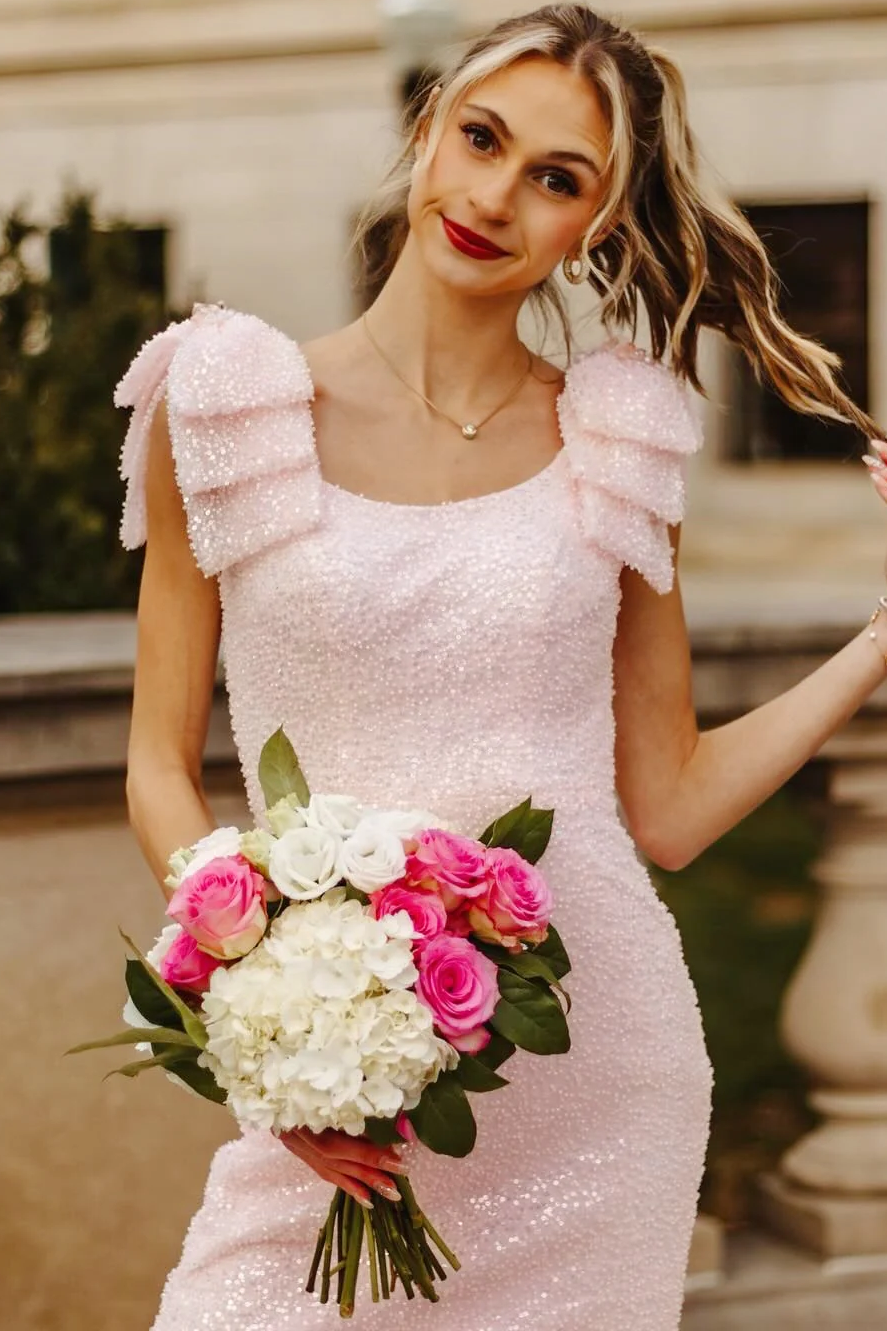 Sparkly Pink Straps with Bow Scoop Neck Mermaid Sequins Long Prom Dress