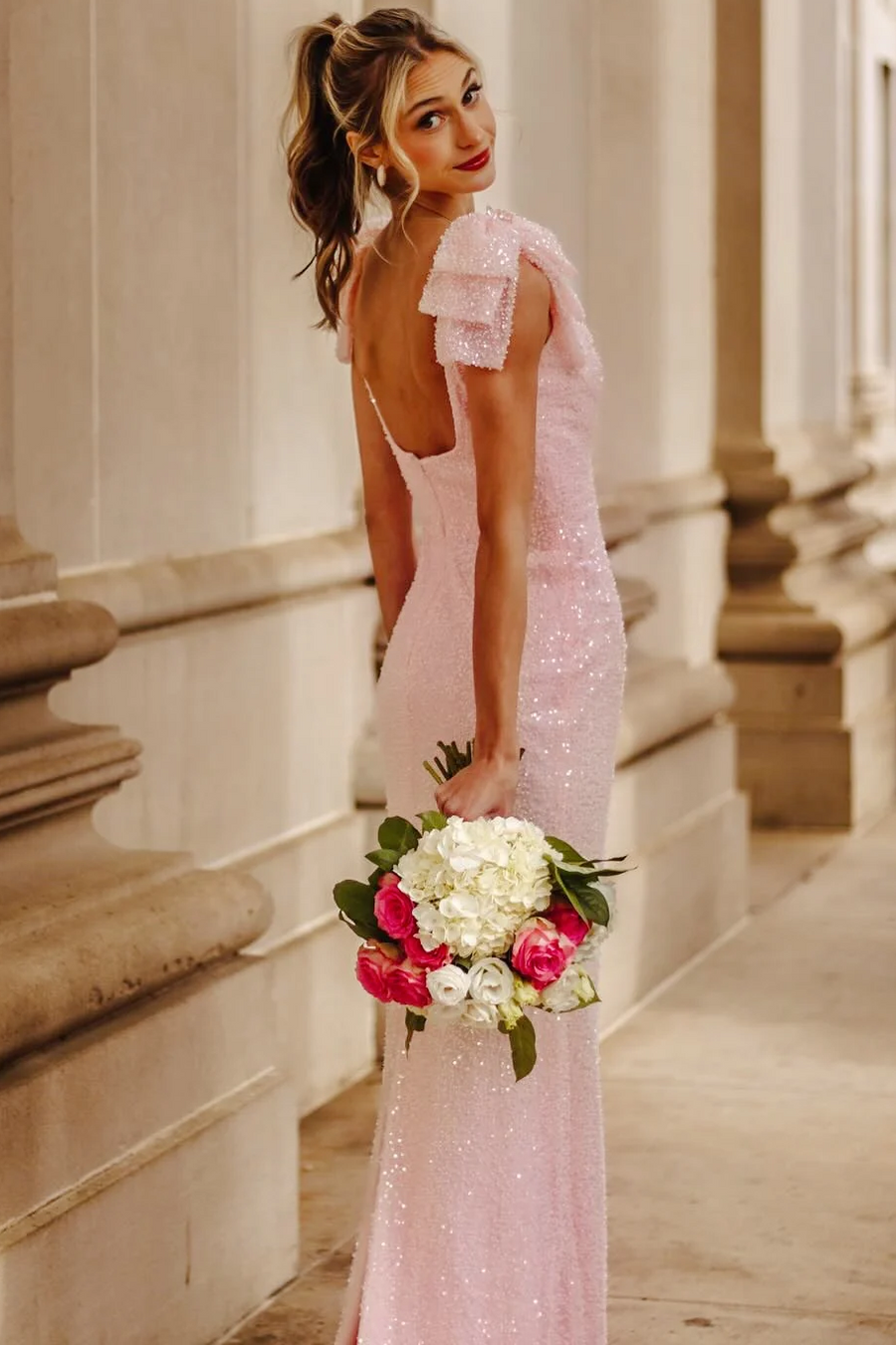 Sparkly Pink Straps with Bow Scoop Neck Mermaid Sequins Long Prom Dress