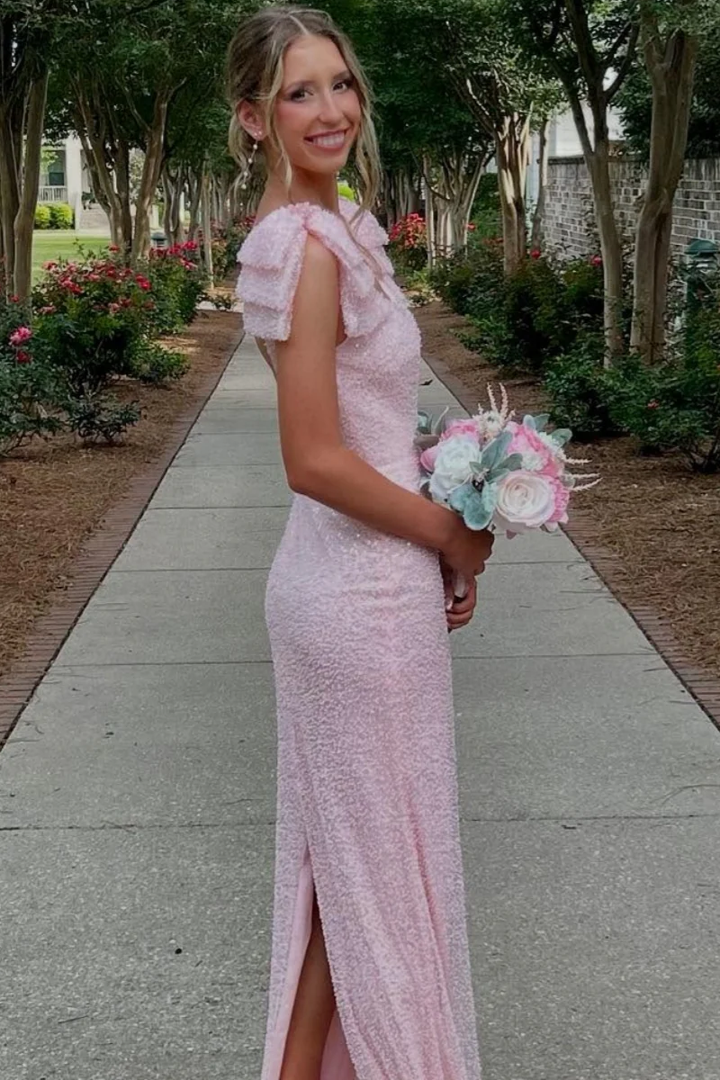 Sparkly Pink Straps with Bow Scoop Neck Mermaid Sequins Long Prom Dress
