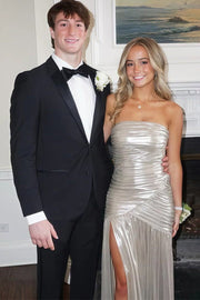 Metallic Strapless Pleated Scoop Neck Long Formal Prom Dress with Slit