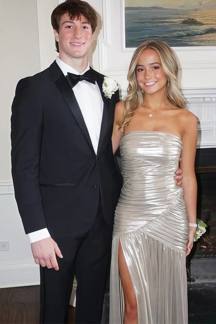 Metallic Strapless Pleated Scoop Neck Long Formal Prom Dress with Slit