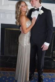 Metallic Strapless Pleated Scoop Neck Long Formal Prom Dress with Slit