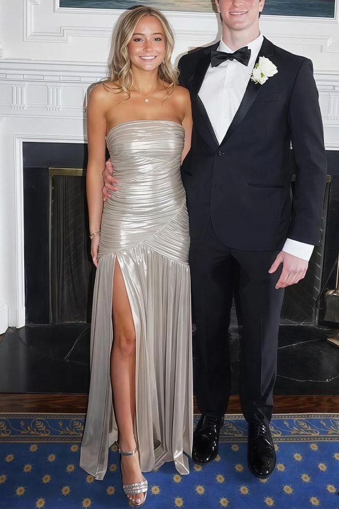 Metallic Strapless Pleated Scoop Neck Long Formal Prom Dress with Slit