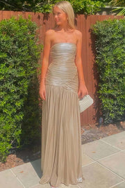Metallic Strapless Pleated Scoop Neck Long Formal Prom Dress with Slit