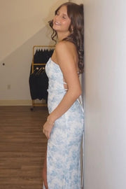 Strapless Print Scoop Neck Sleeveless Long Prom Dress with Slit