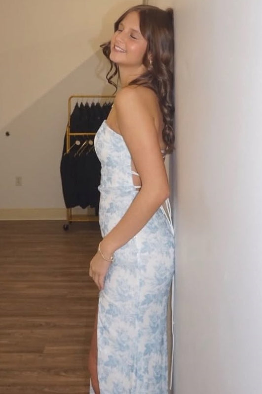 Strapless Print Scoop Neck Sleeveless Long Prom Dress with Slit