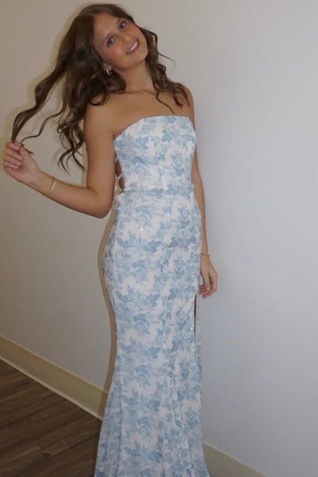 Strapless Print Scoop Neck Sleeveless Long Prom Dress with Slit