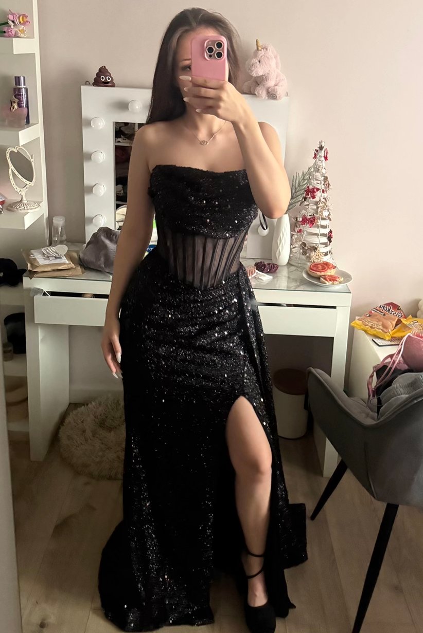 Black Strapless Sequined Cowl Neck Pleats Mermaid Prom Dress with Slit