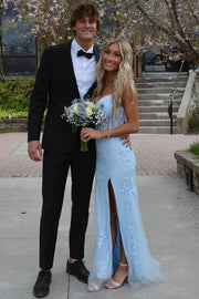 Blue Strapless V-Neck Lace Appliques Mermaid Long Prom Dress with Slit