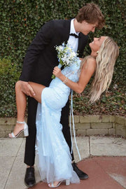 Blue Strapless V-Neck Lace Appliques Mermaid Long Prom Dress with Slit