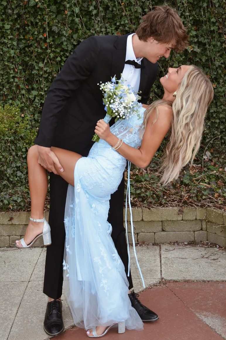 Blue Strapless V-Neck Lace Appliques Mermaid Long Prom Dress with Slit