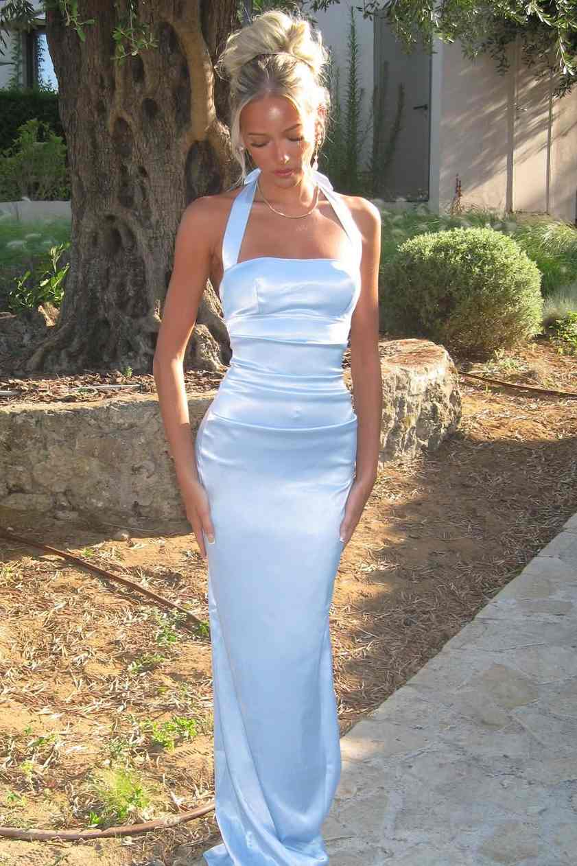 Blue Halter Square Neck Pleats Satin Backless Sheath Long Formal Prom Dress