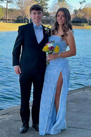 Blue Strapless Print Side Slit Pleats Sleeveless Long Prom Dress