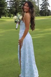 Blue Strapless Print Side Slit Pleats Sleeveless Long Prom Dress