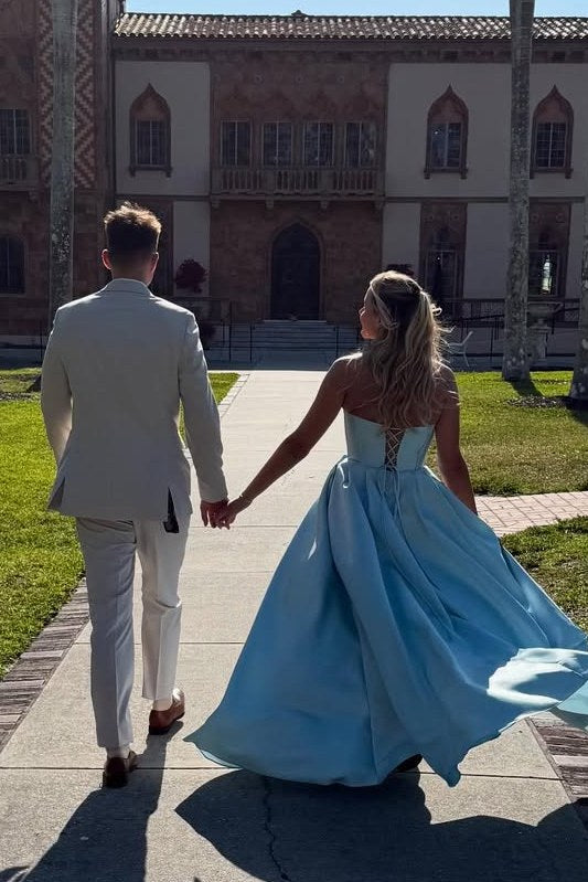 Elegant Strapless A-Line Empire-Waist Pleats Satin Prom Dress with Slit
