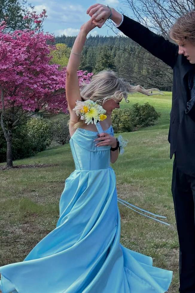 Elegant Strapless A-Line Empire-Waist Pleats Satin Prom Dress with Slit