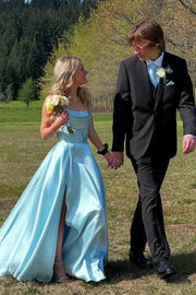 Elegant Strapless A-Line Empire-Waist Pleats Satin Prom Dress with Slit