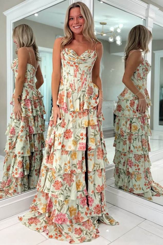 A-Line Spaghetti Straps Floral Print Ruffles Long Prom Dress with Slit