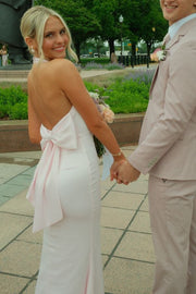 Pink Elegant High Neck Satin Pleats Backless Bow Long Prom Dress