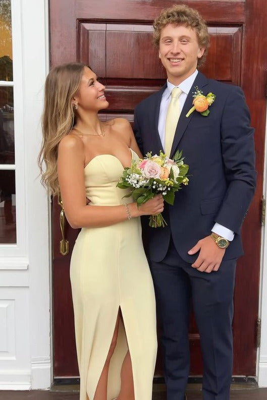 Yellow Strapless Sweetheart Satin Sleeveless Formal Prom Dress with Slit