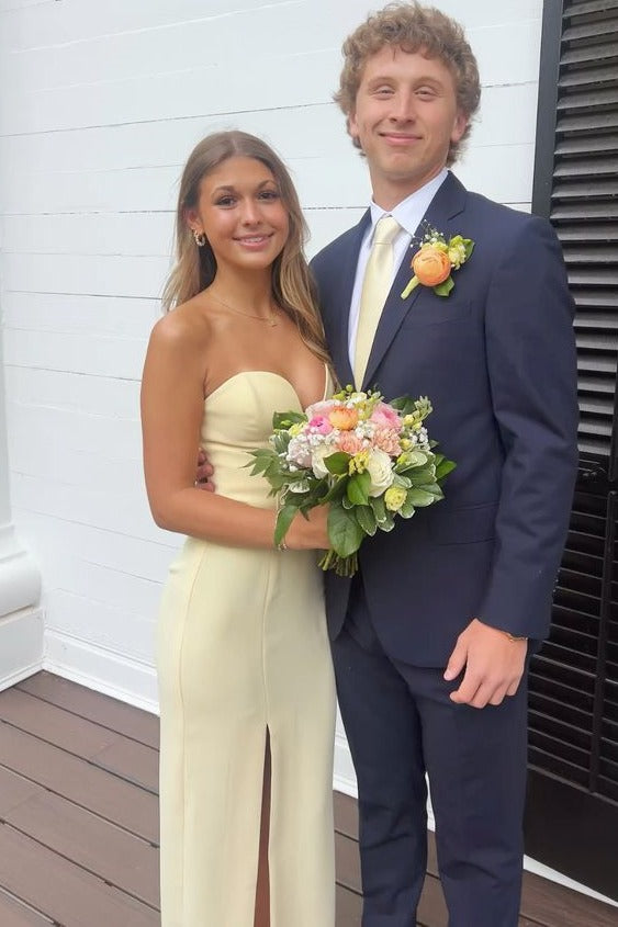 Yellow Strapless Sweetheart Satin Sleeveless Formal Prom Dress with Slit