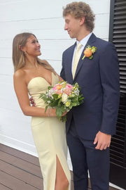 Yellow Strapless Sweetheart Satin Sleeveless Formal Prom Dress with Slit