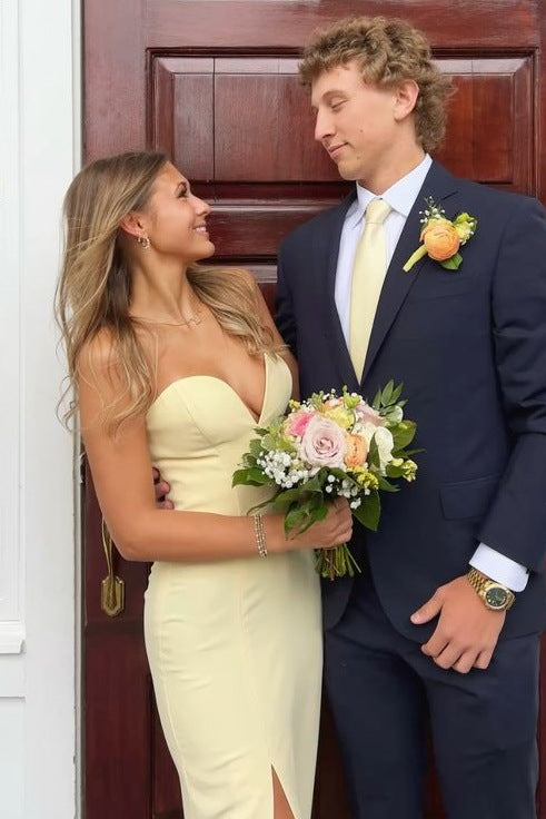 Yellow Strapless Sweetheart Satin Sleeveless Formal Prom Dress with Slit