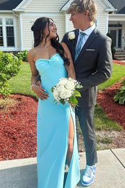 Blue Strapless Twist Satin Pleats Sleeveless Long Formal Prom Dress with Slit