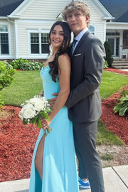 Blue Strapless Twist Satin Pleats Sleeveless Long Formal Prom Dress with Slit