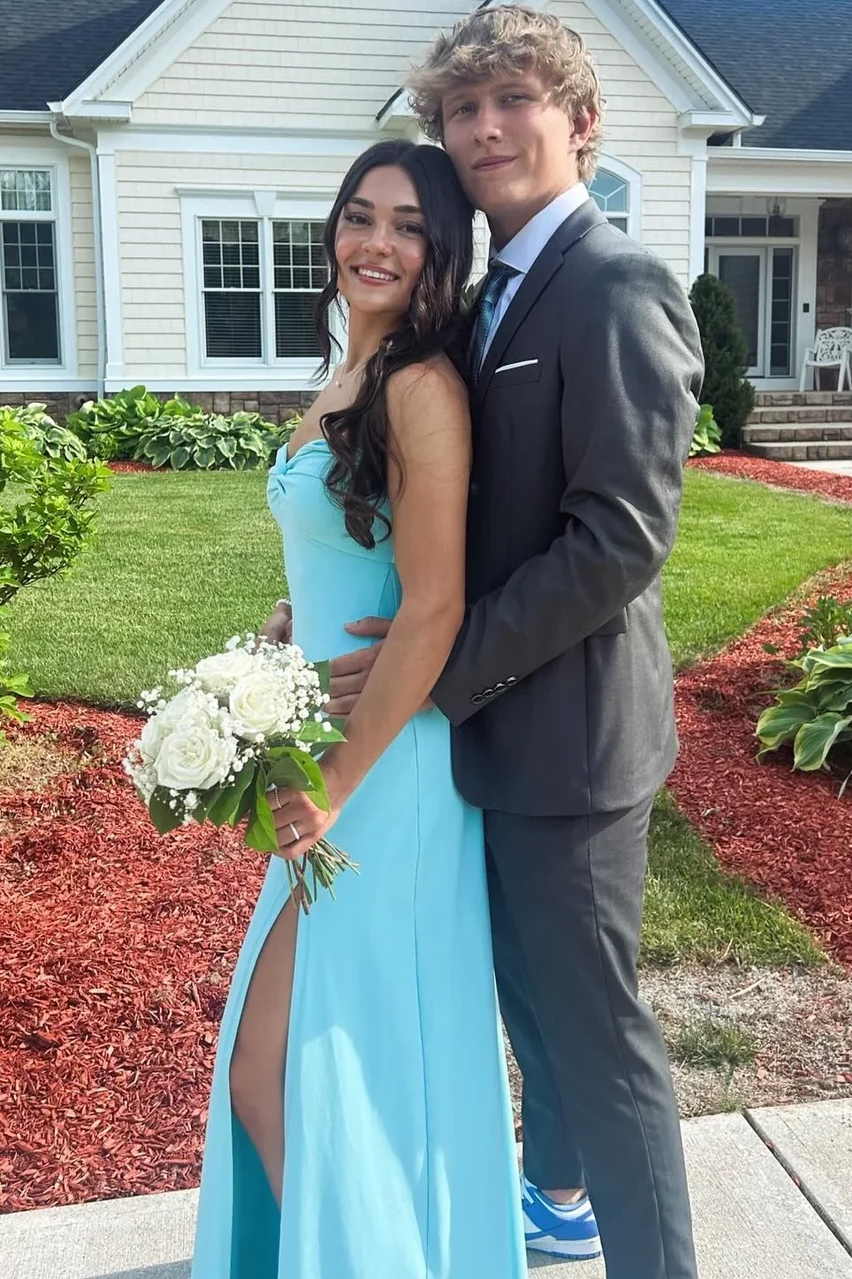 Blue Strapless Twist Satin Pleats Sleeveless Long Formal Prom Dress with Slit