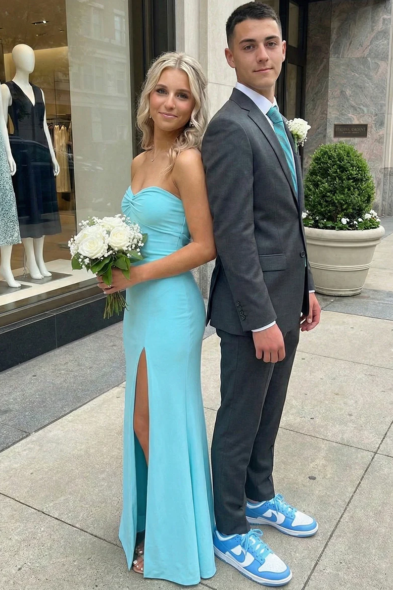 Blue Strapless Twist Satin Pleats Sleeveless Long Formal Prom Dress with Slit