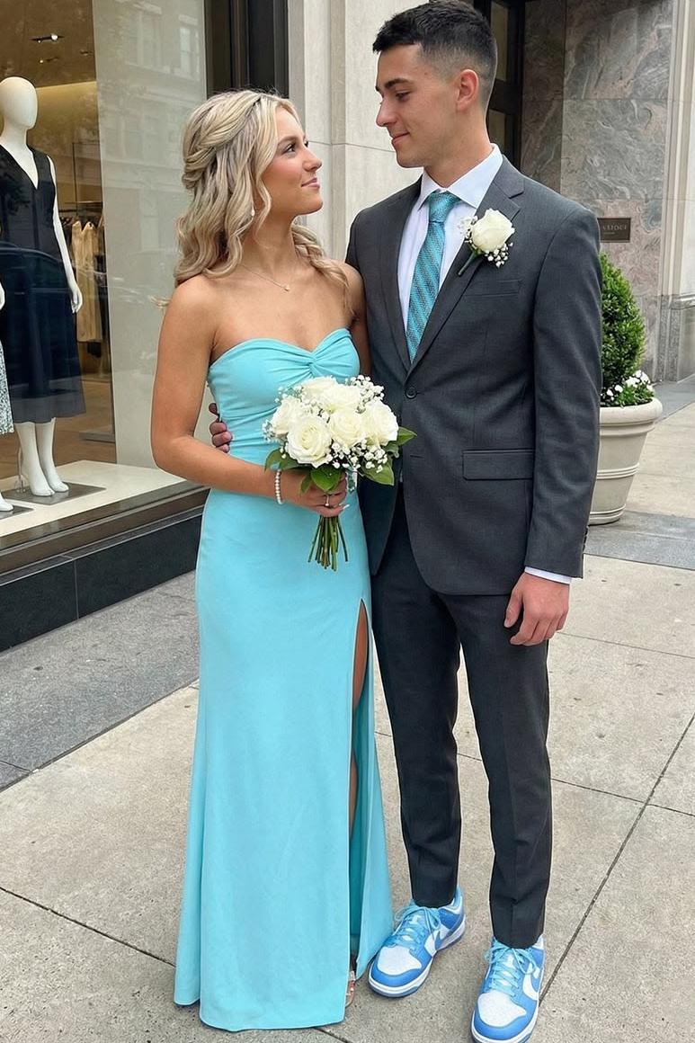 Blue Strapless Twist Satin Pleats Sleeveless Long Formal Prom Dress with Slit