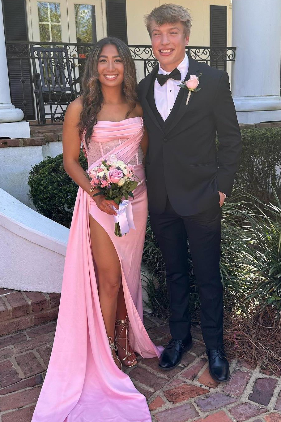 Classy Strapless Fitted Pleats High Slit Long Prom Dress with Rhinestones