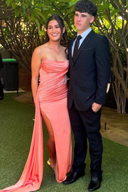 Classy Strapless Fitted Pleats High Slit Long Prom Dress with Rhinestones