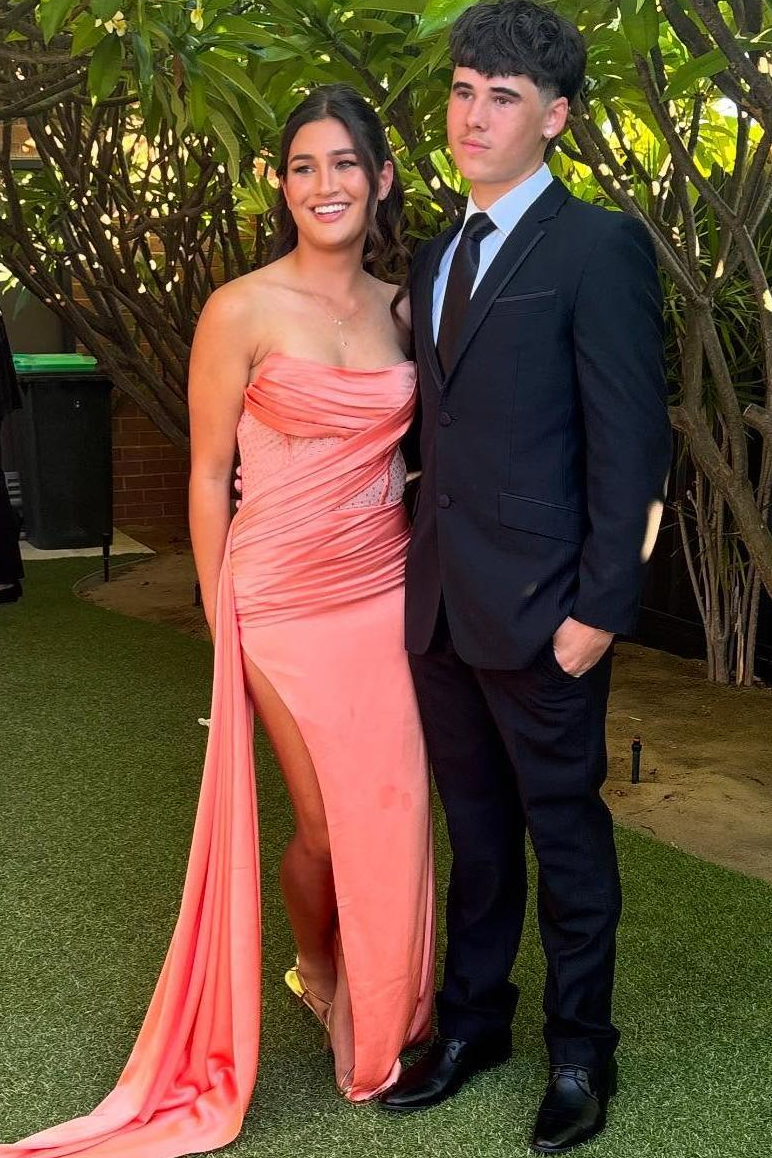 Classy Strapless Fitted Pleats High Slit Long Prom Dress with Rhinestones