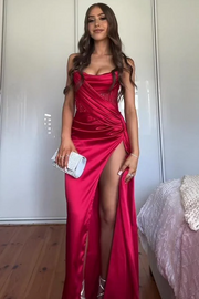 Classy Strapless Fitted Pleats High Slit Long Prom Dress with Rhinestones